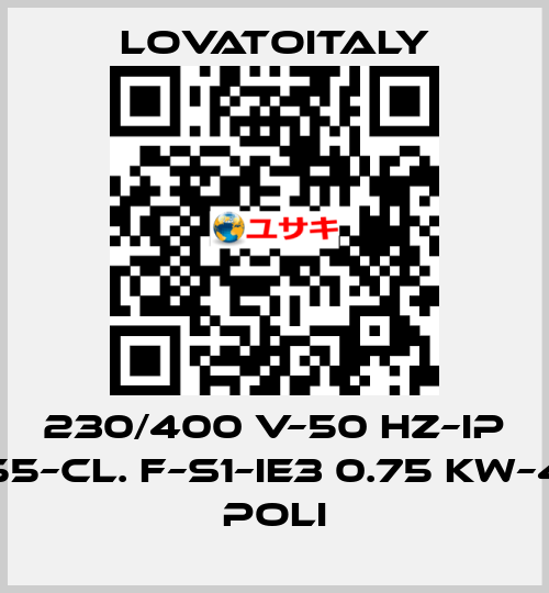 230/400 V–50 HZ–IP 55–Cl. F–S1–IE3 0.75 KW–4 Poli LovatoItaly