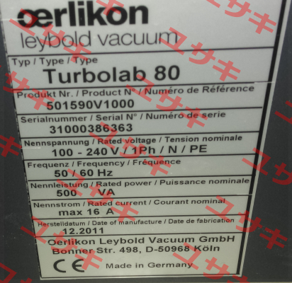 P/N:501590V1000  TYPE:Turbolab 80  S/N:31000386363 Leybold