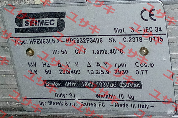 HPE632P3406 , HPEV 63LB 2.6kW 2P 230/400V-50Hz B34 F0 SX IP54  Seimec (Rossi)